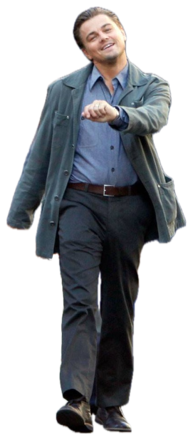 Leonardo DiCaprio laughing and pointing forward while strolling on set sticker
