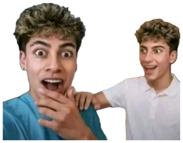 Two identical twins — one shocked, one grinning — with an arrow pointing at the twin sticker