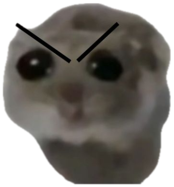 Hamster with drawn-on angry eyebrows glaring up with a grumpy little face sticker