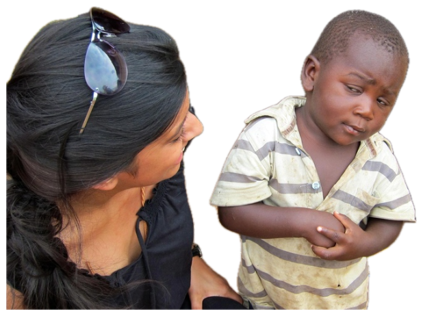 Little kid squinting skeptically at a woman crouched beside him sticker
