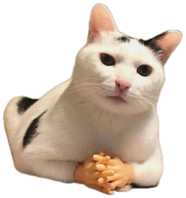 White cat lounging with tiny fake hands clasped together, looking devious sticker