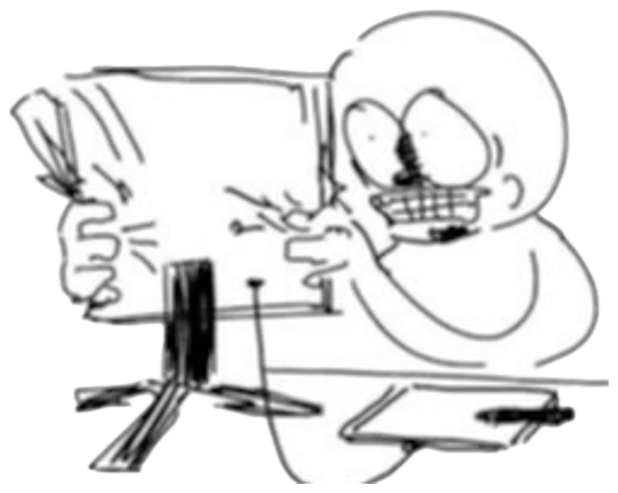 Cartoon character gleefully smashing a keyboard at a desk, absolutely unhinged sticker