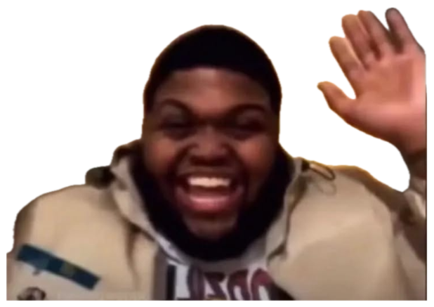 Man in a tan hoodie throwing his hands up and screaming with excitement at the camera sticker