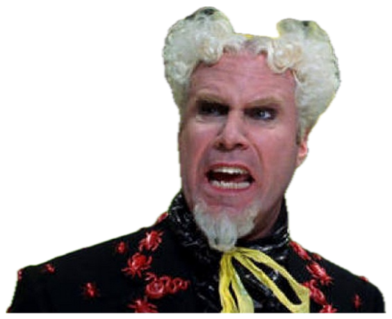 Will Ferrell as Mugatu in a white wig baring his teeth in an angry snarl sticker