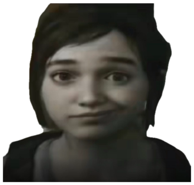Grainy video-game character giving a strained, awkward little smile sticker