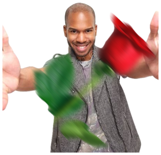 Grinning man in a grey vest shoving a blurry red rose at the camera sticker