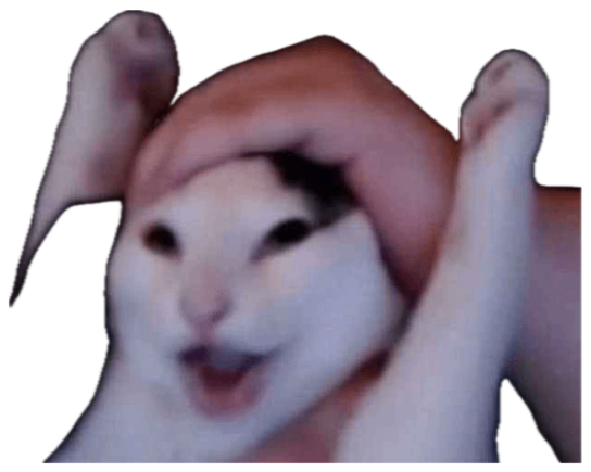 Blurry cat with a wide open-mouthed grin being squished by a hand sticker