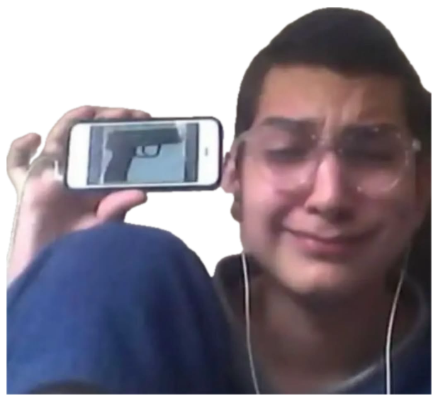 Teenager crying while holding up a phone showing a picture of a gun to the camera sticker