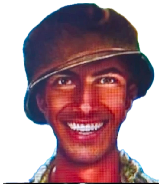 Man in a bucket hat beaming in front of an edited rainbow-and-dolphins backdrop sticker
