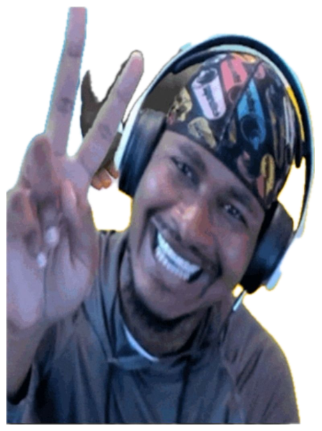 Streamer in headphones beaming and throwing a peace sign next to laughing emojis sticker