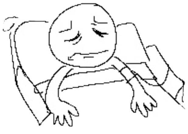 Stick figure lying in a hospital bed on an IV drip labeled 'YAOI', looking totally miserable sticker