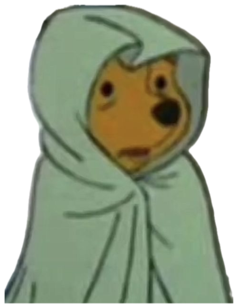 Cartoon bear bundled up in a green blanket with a small, glum, worried face sticker