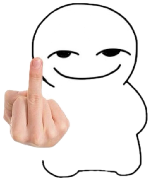 Smug stick-figure blob flipping the bird with a real hand sticker