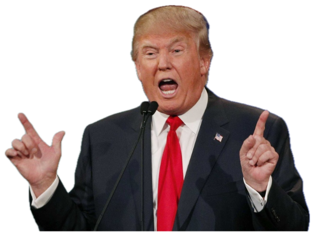 Donald Trump at a podium yelling with both hands raised in his signature emphatic gesture sticker