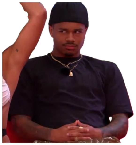 Guy on a reality show sitting arms folded, throwing a flat, unimpressed side-eye sticker