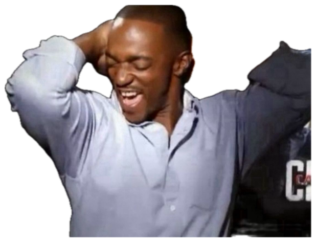 Man clutching his head and laughing with relief in a dim room sticker