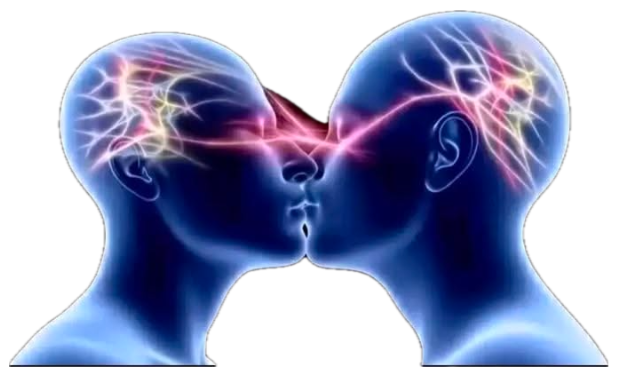 Glowing 3D render of two heads touching with electricity arcing between their brains sticker