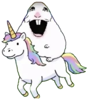 Lumpy white cartoon creature screaming with joy while riding a unicorn under a rainbow sticker