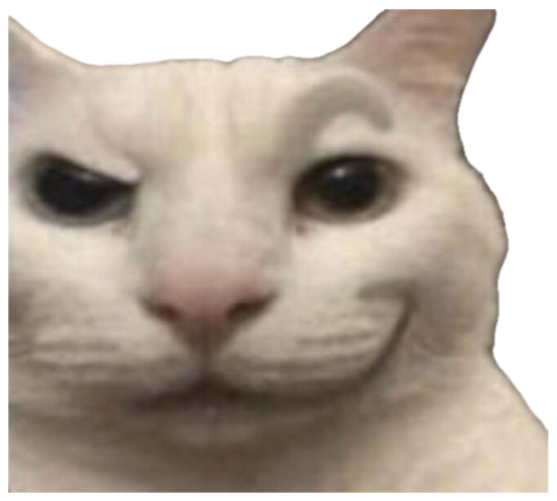 White cat with one eyebrow cocked, wearing a slow, knowing smirk sticker