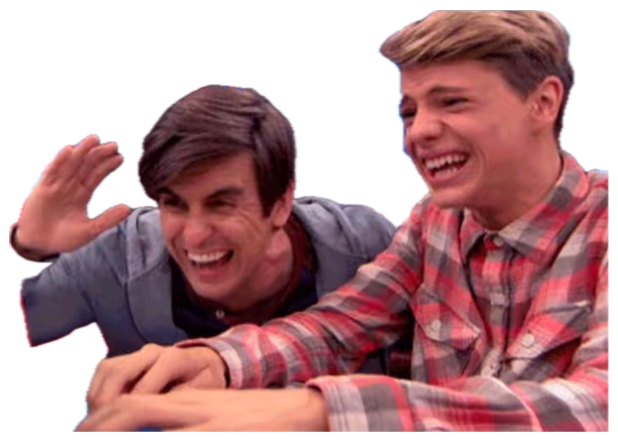 Two guys cracking up at a laptop, one waving his hand mid-laugh sticker