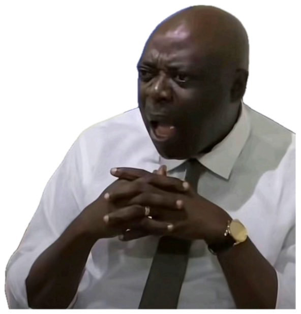 Man at a desk clasping his hands with an intense, open-mouthed shocked reaction sticker