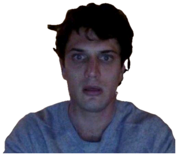 Man on a dim webcam staring blankly with a stunned, hollow look sticker