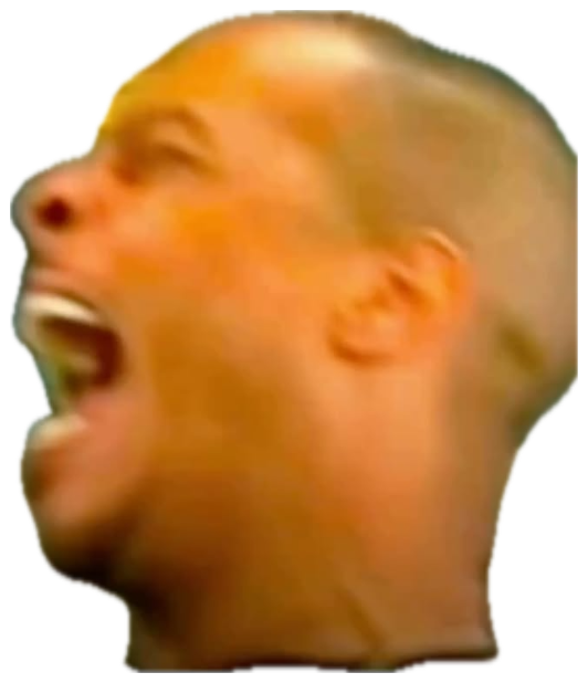 Man with a buzzcut screaming wide-mouthed in profile near a window sticker