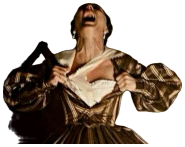 Woman in a striped ballgown ripping her shirt open and screaming to the sky dramatically sticker