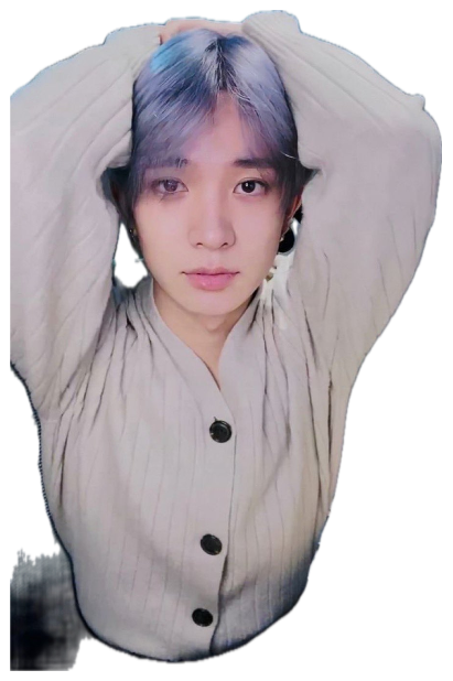 Lavender-haired guy with both arms up behind his head giving a flat, blank stare sticker