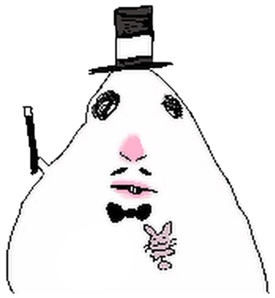 Cartoon blob character wearing a top hat and bow tie, holding a wand with a deadpan smirk sticker