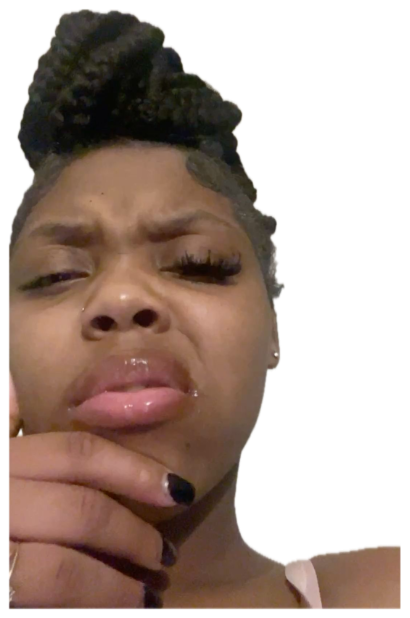 Young woman with braided updo looking tearful and pouty, chin resting on hand sticker