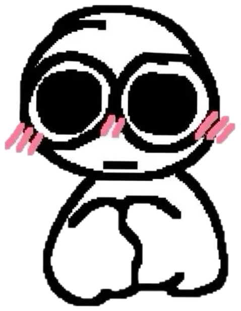 Simple doodle character with huge eyes and pink blush, sitting shyly sticker