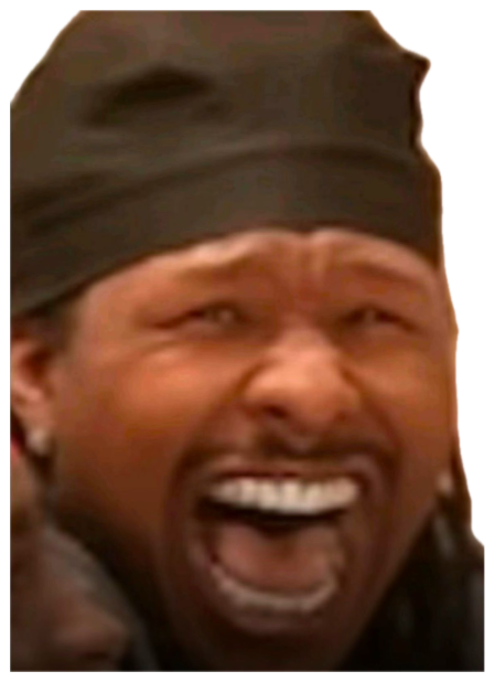 Man in a beanie cracking up with a wide open-mouthed laugh sticker