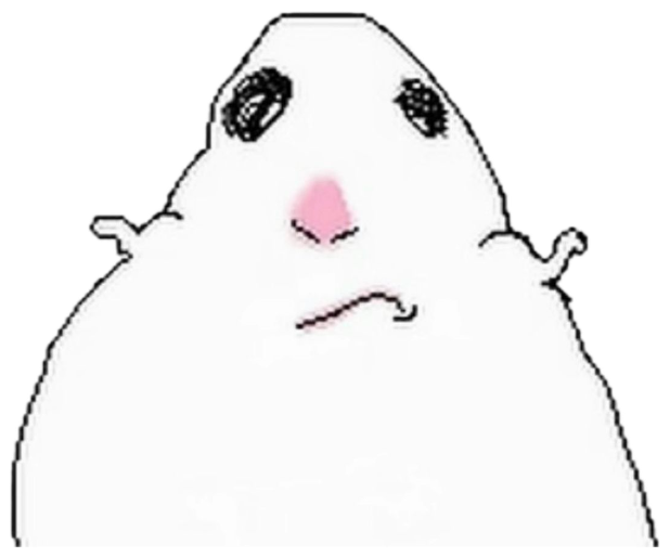 Minimalist cartoon blob creature with big dark eyes and a faint anxious half-smile sticker