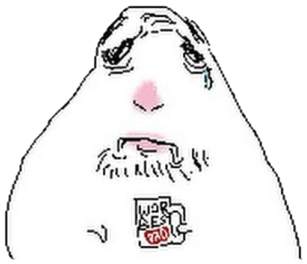 Crude drawing of a teary blobby face dreaming of a cuter version of itself with a bow sticker
