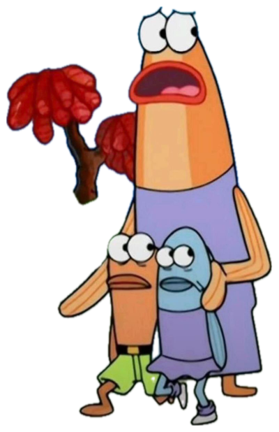 Cartoon fish mother gasping in horror while shielding two wide-eyed kids sticker