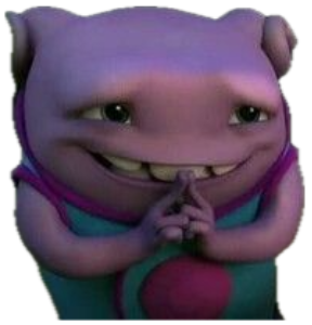 Little purple alien grinning tightly with fingers pressed together in the dark sticker