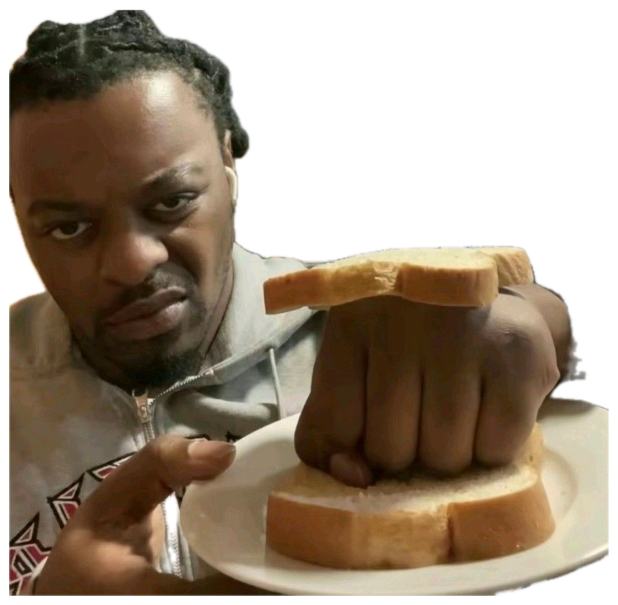 Man with a flat, unimpressed face pressing his fist into a sandwich of white bread on a plate sticker