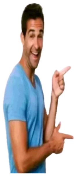 Excited man enthusiastically pointing at a pile of yellow pasta circled in red as 'Our little comedian' sticker