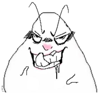 Cartoon blob creature with furrowed brows and a menacing grin, clearly plotting sticker