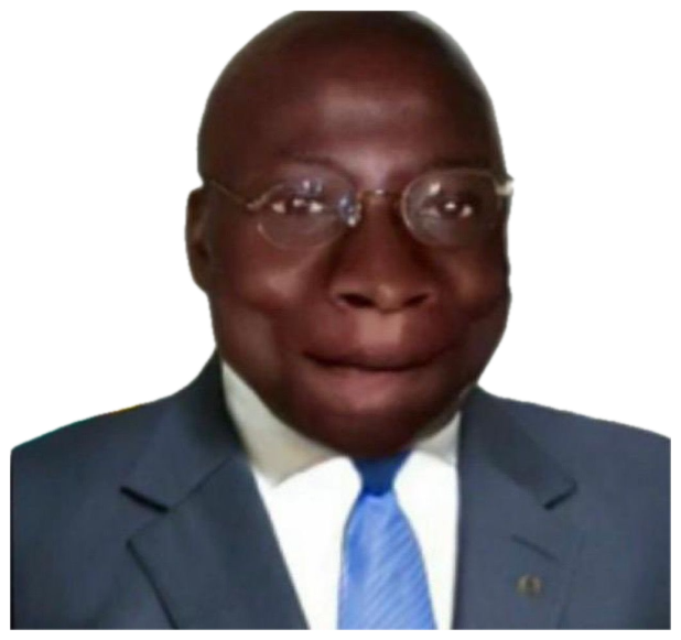 Man in a suit and glasses giving a stiff, tight-lipped half smile in front of a flag sticker