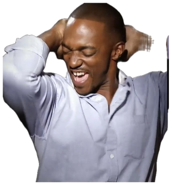 Man in a light blue shirt laughing hard with hands clasped behind his head in the dark sticker