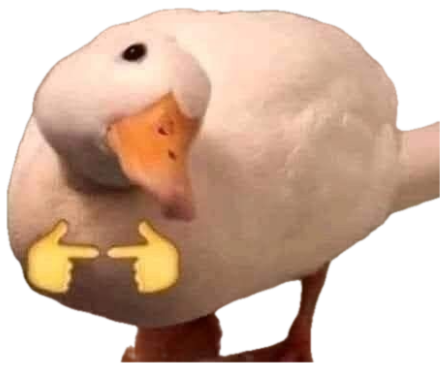 Round white duck tilting its head with two pointing-finger emojis placed on its chest sticker