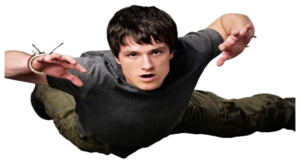 Young man in a grey sweater posing mid-air as if flying with arms spread sticker