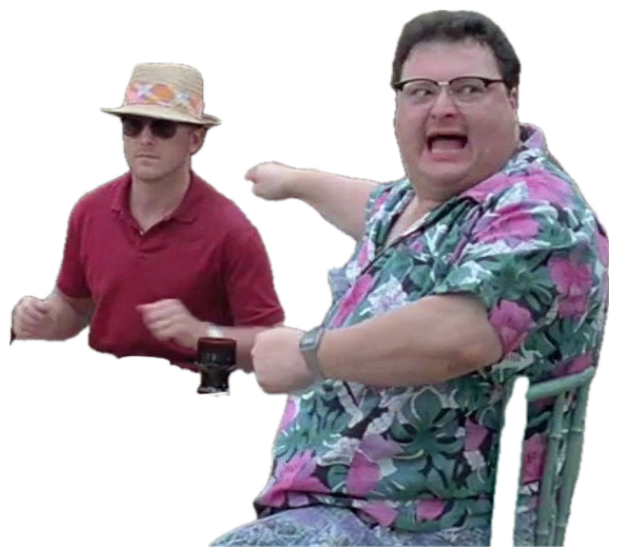 Man in a floral shirt mockingly waving his arms at a diner table while a man beside him ignores it sticker