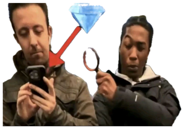 Two guys on a train, a diamond and red arrow pointing at one staring hard at the other's phone sticker