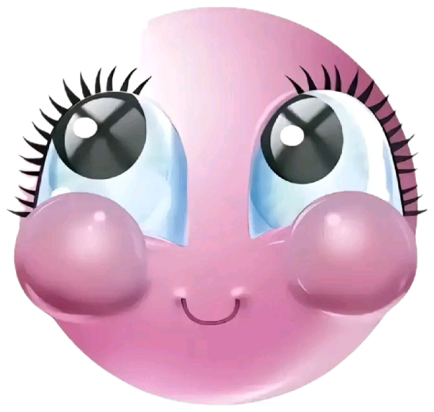 Pink emoji with huge lashes and puffed blushing cheeks, hiding a shy smile sticker