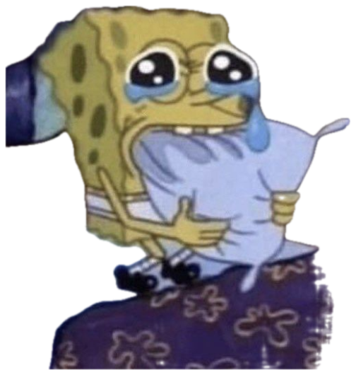 SpongeBob sitting on a bed sobbing with big teary eyes and a thumbs up sticker