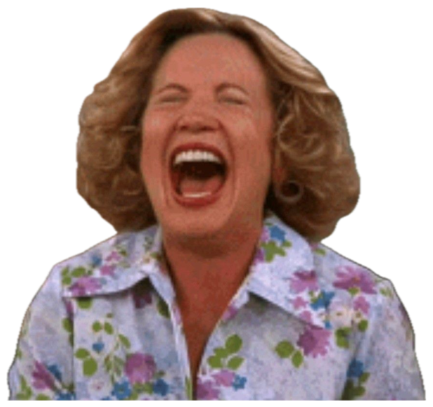 Woman in a floral blouse cackling with her head thrown back and mouth wide open sticker