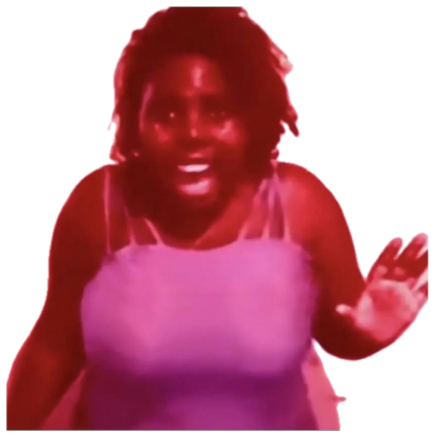 Woman with a red color-filtered photo, smiling big and waving sticker